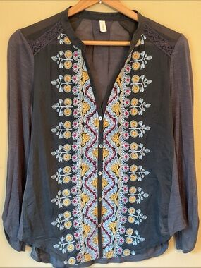 Anthropologie TINY Embroidered Black and Gray Silk Blend Boho V-neck  Blouse